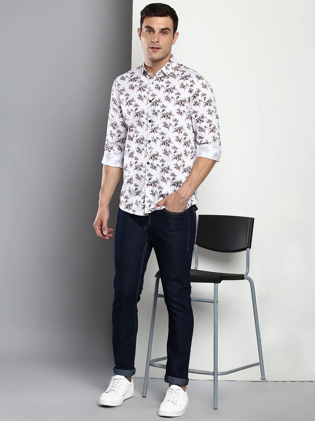Men's Printed White Slim Fit Satin Casual Shirt With Spread Collar & Full Sleeves (C9067_White_S)