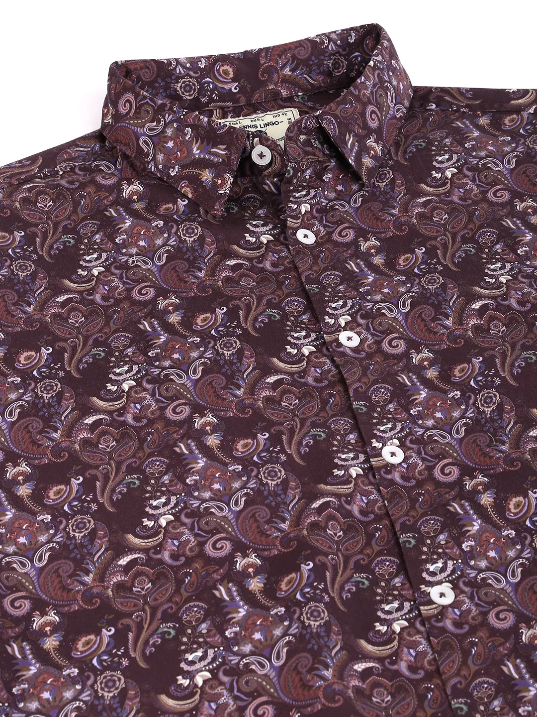 Men's Printed Wine Slim Fit Satin Casual Shirt With Spread Collar & Full Sleeves