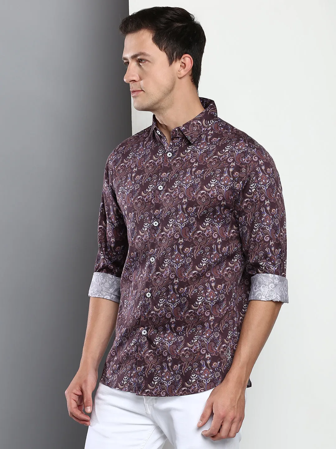Men's Printed Wine Slim Fit Satin Casual Shirt With Spread Collar & Full Sleeves