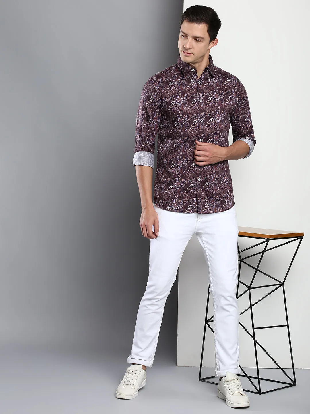 Men's Printed Wine Slim Fit Satin Casual Shirt With Spread Collar & Full Sleeves