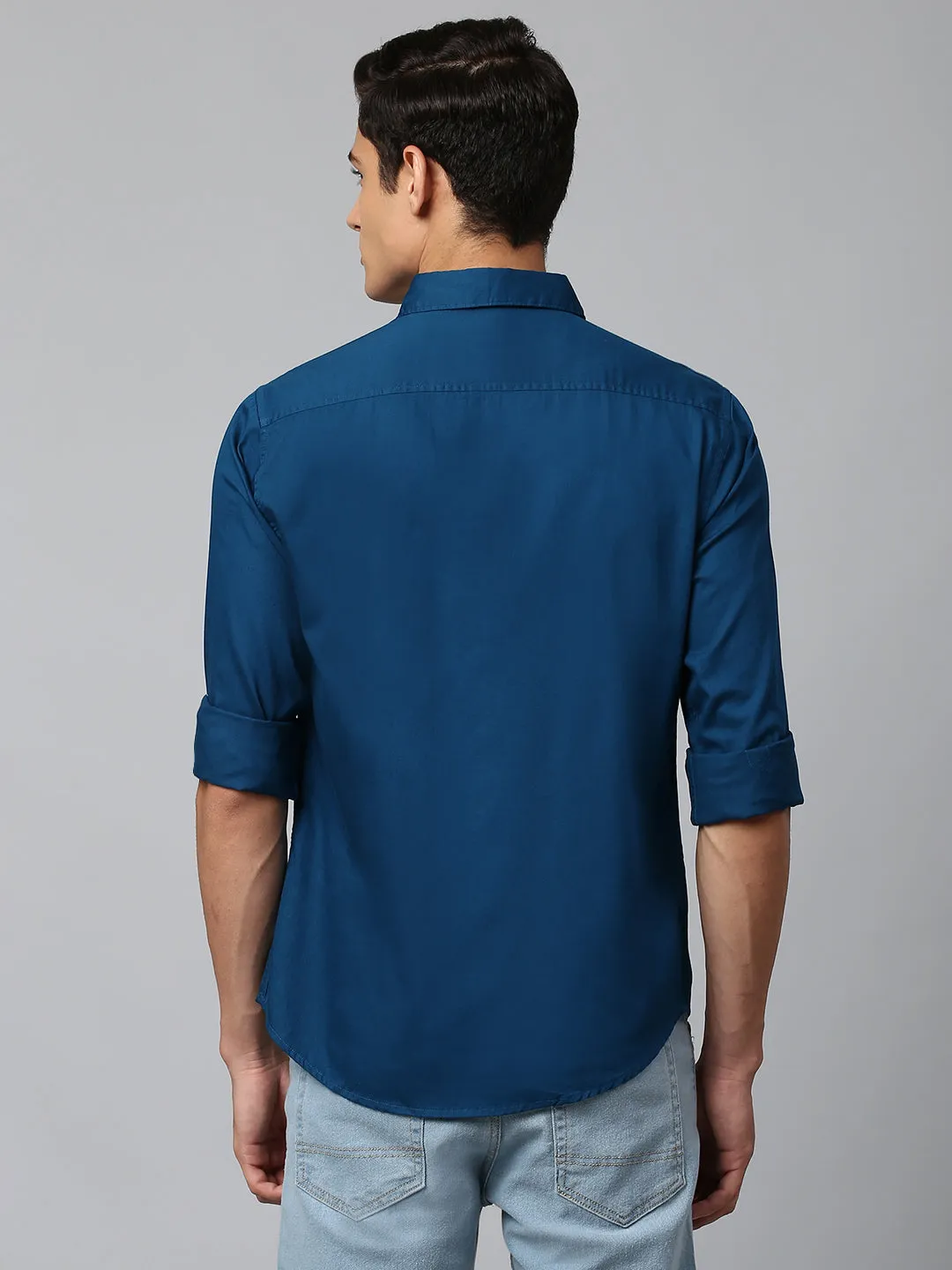 Men's Solid Petrol Blue Slim Fit Casual Shirt With Spread Collar