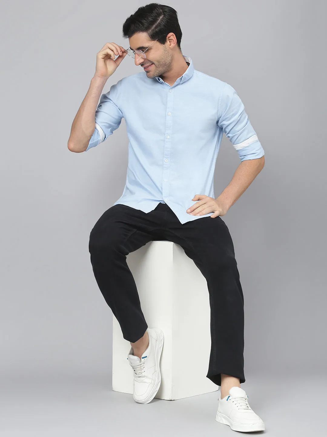 Men's Solid Sky Blue Slim Fit Cotton Casual Shirt