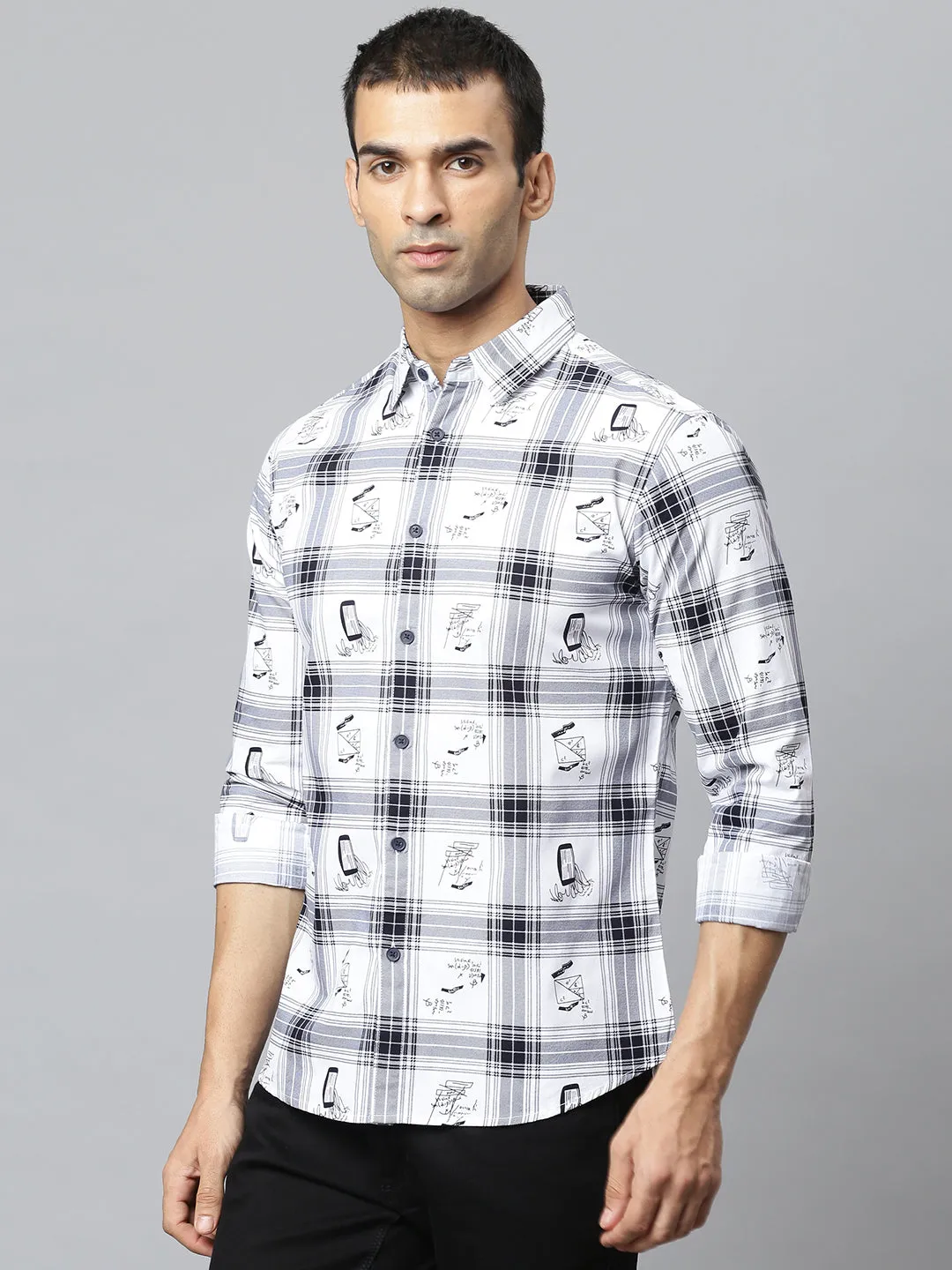 Men's  Spread Collar Full Sleeves Big Checks Shirt (White)
