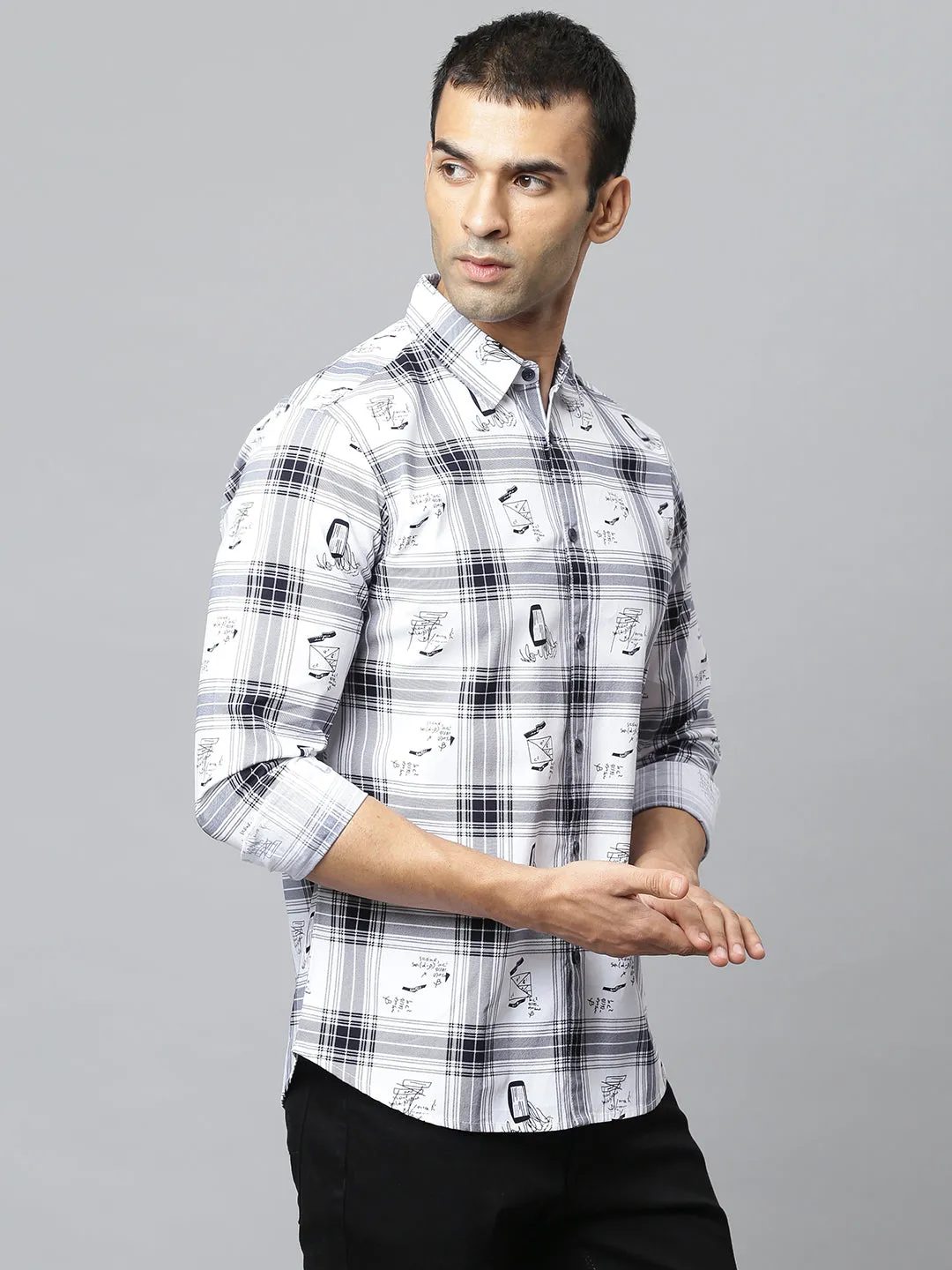Men's  Spread Collar Full Sleeves Big Checks Shirt (White)
