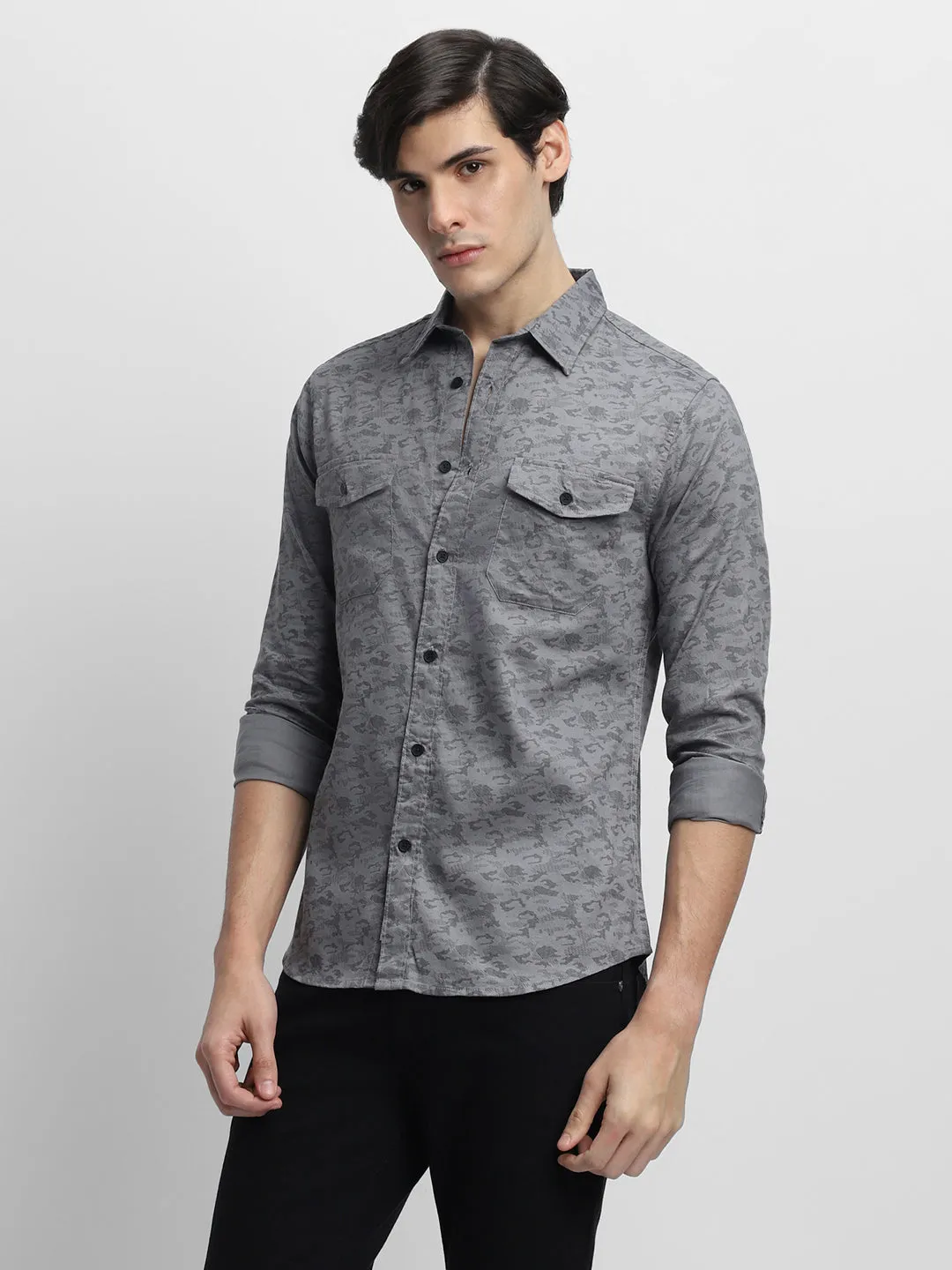 Men's Spread Collar Regular Fit Solid Navy Casual Shirt