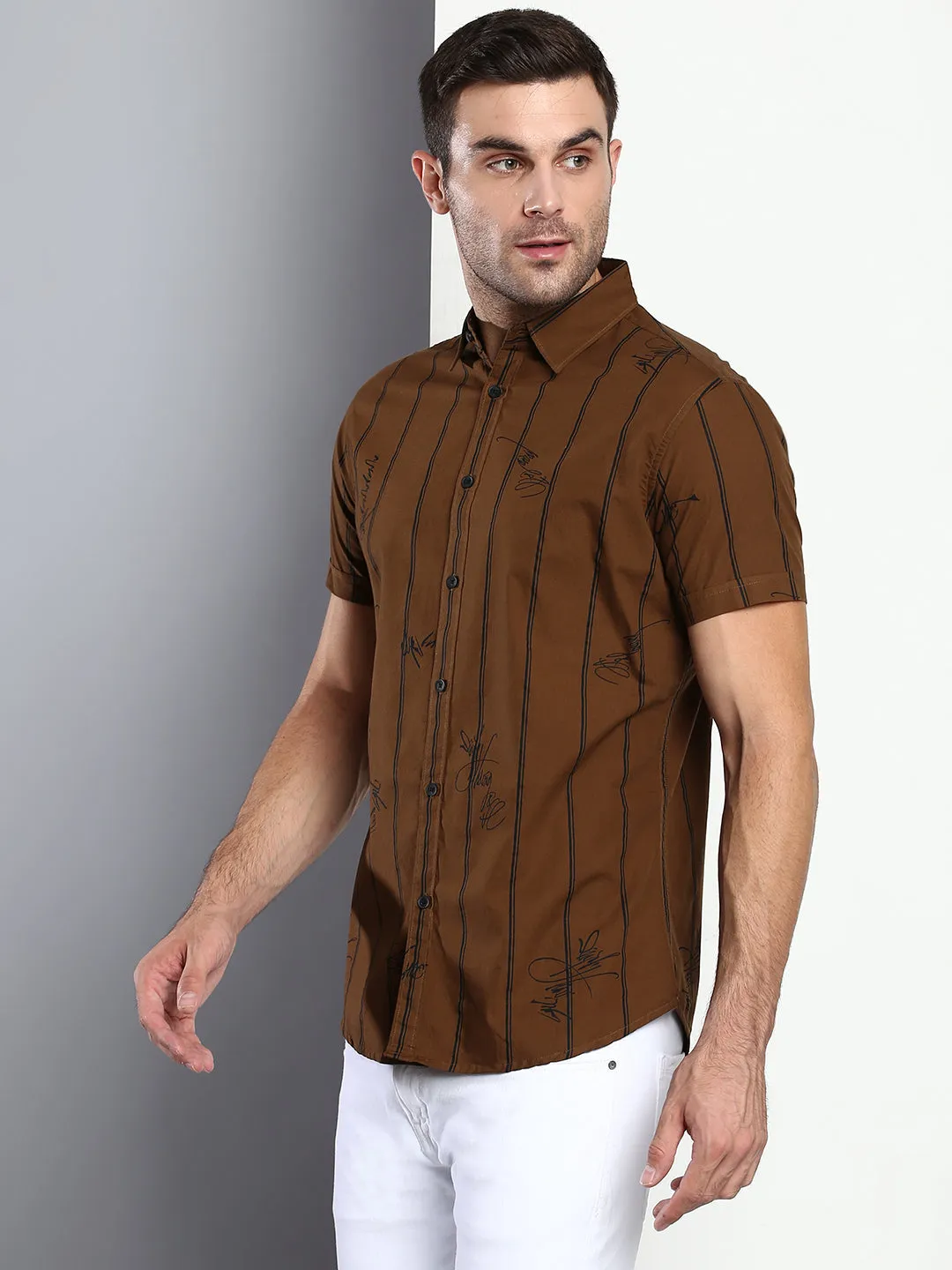 Men's Striped Brown Slim Fit Cotton Casual Shirt With Spread Collar & Half Sleeves