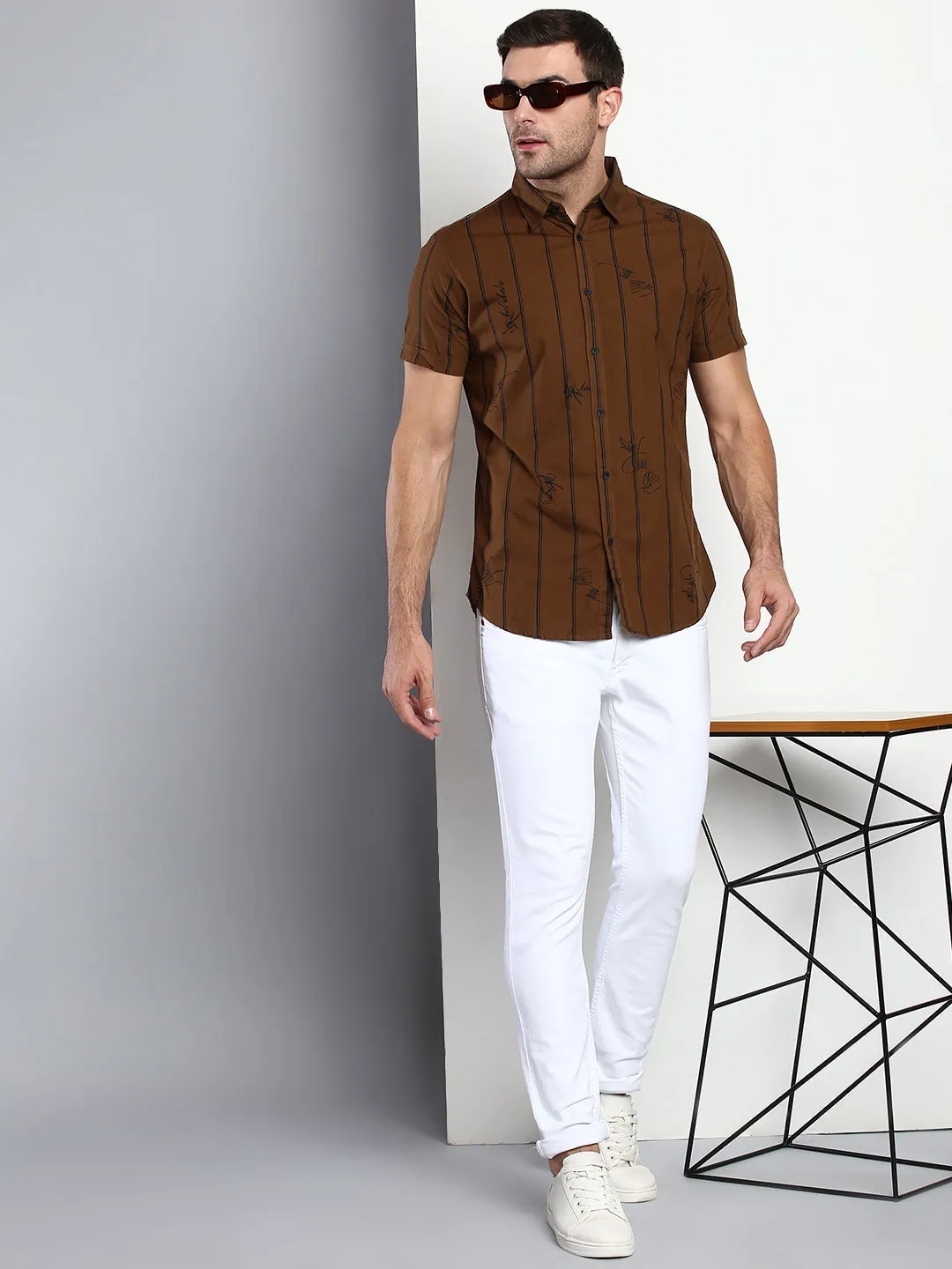 Men's Striped Brown Slim Fit Cotton Casual Shirt With Spread Collar & Half Sleeves