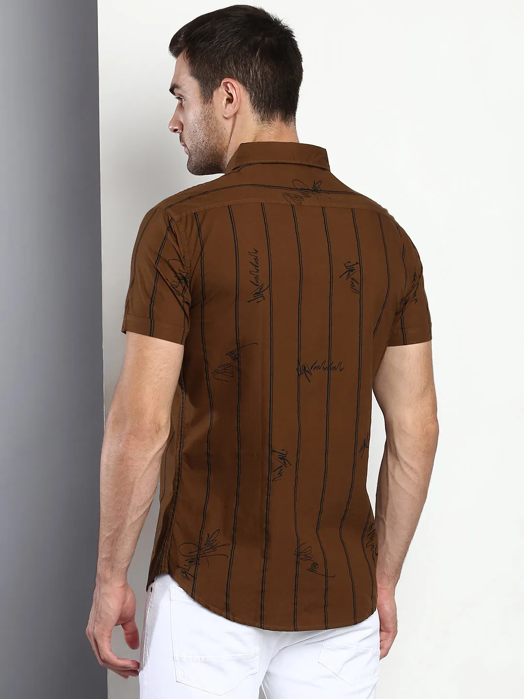 Men's Striped Brown Slim Fit Cotton Casual Shirt With Spread Collar & Half Sleeves