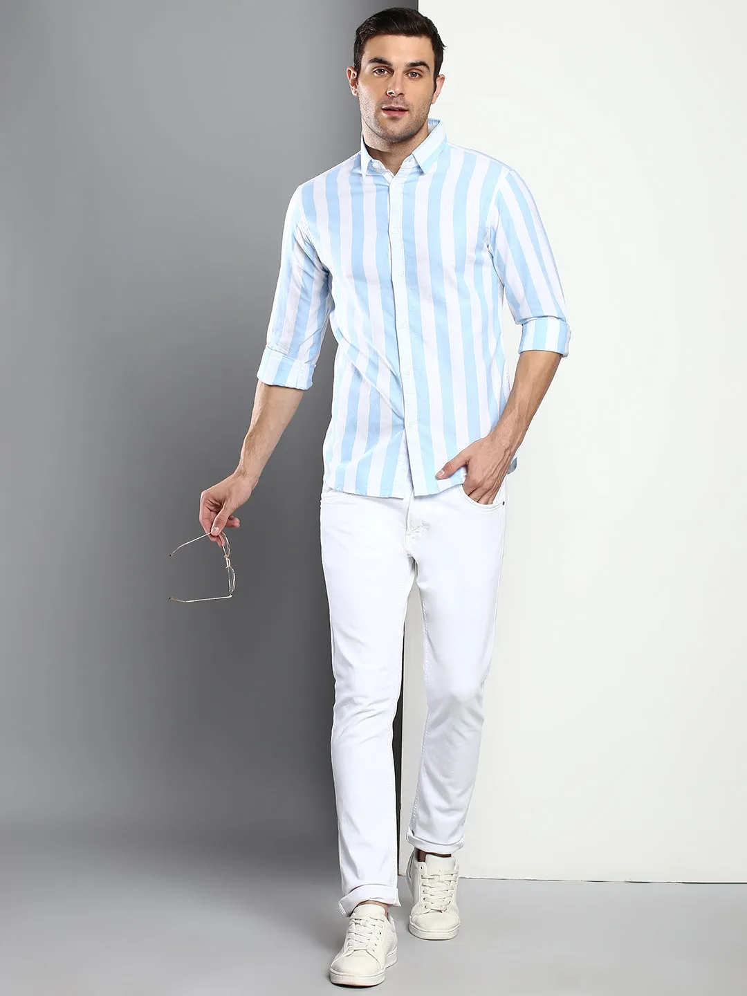 Men's Striped Skyblue Slim Fit Oxford Cotton Casual Shirt With Spread Collar & Full Sleeves (C9038_Skyblue_S)