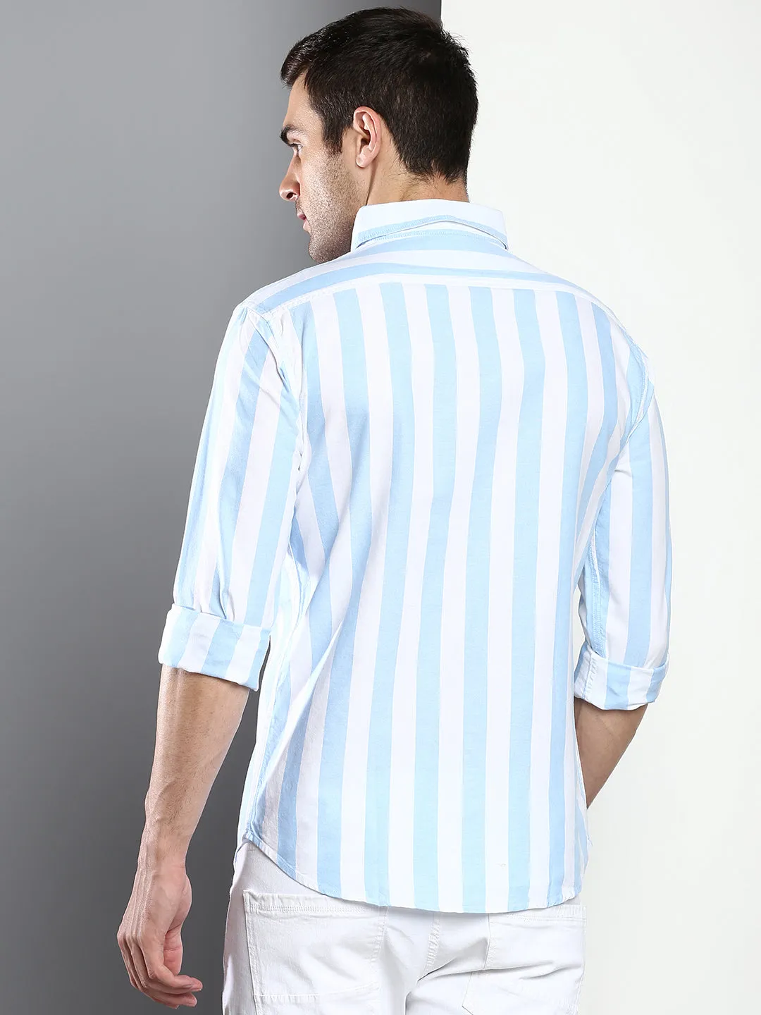 Men's Striped Skyblue Slim Fit Oxford Cotton Casual Shirt With Spread Collar & Full Sleeves (C9038_Skyblue_S)