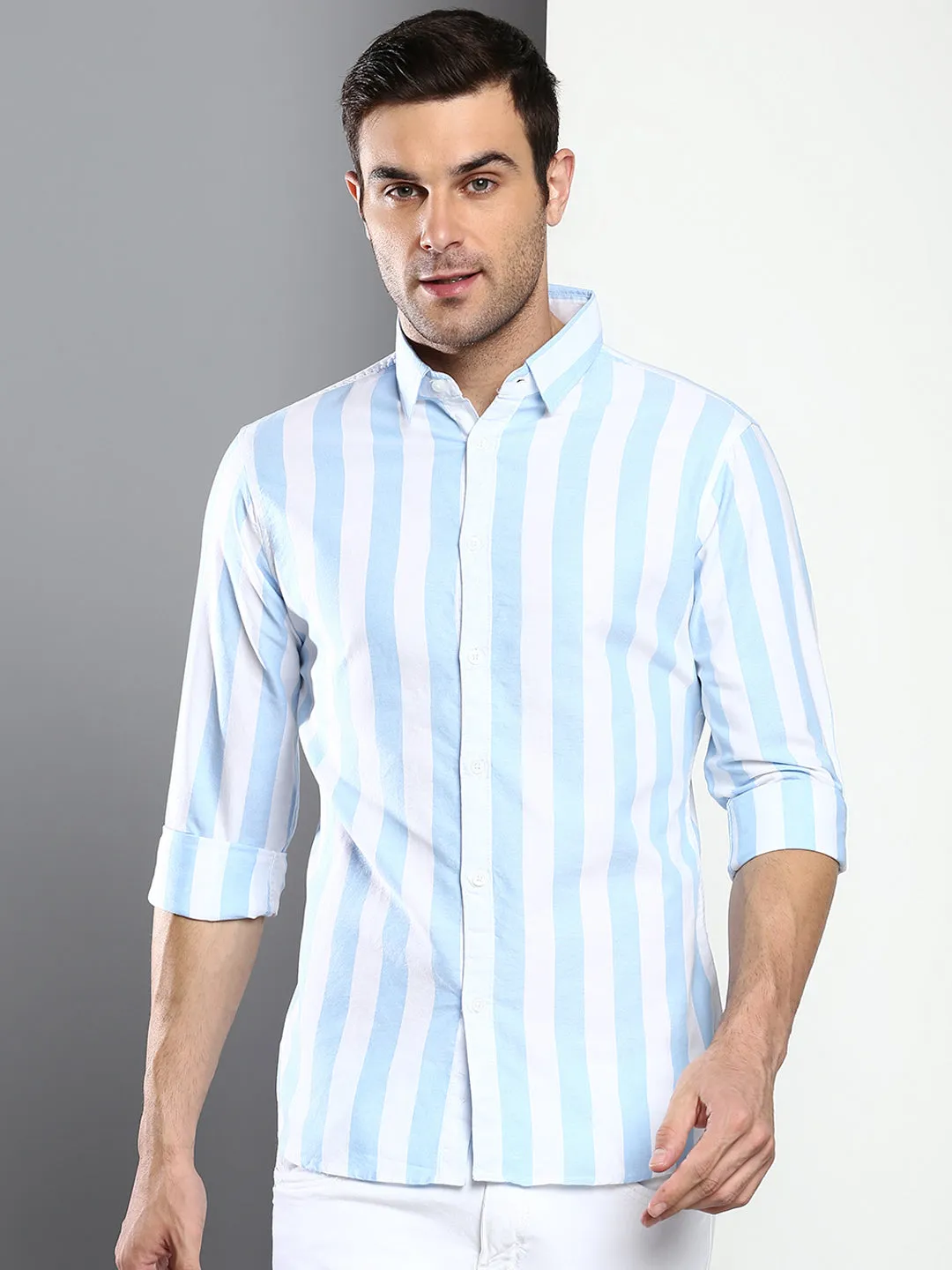 Men's Striped Skyblue Slim Fit Oxford Cotton Casual Shirt With Spread Collar & Full Sleeves (C9038_Skyblue_S)