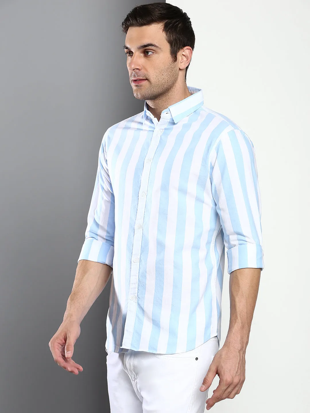 Men's Striped Skyblue Slim Fit Oxford Cotton Casual Shirt With Spread Collar & Full Sleeves (C9038_Skyblue_S)