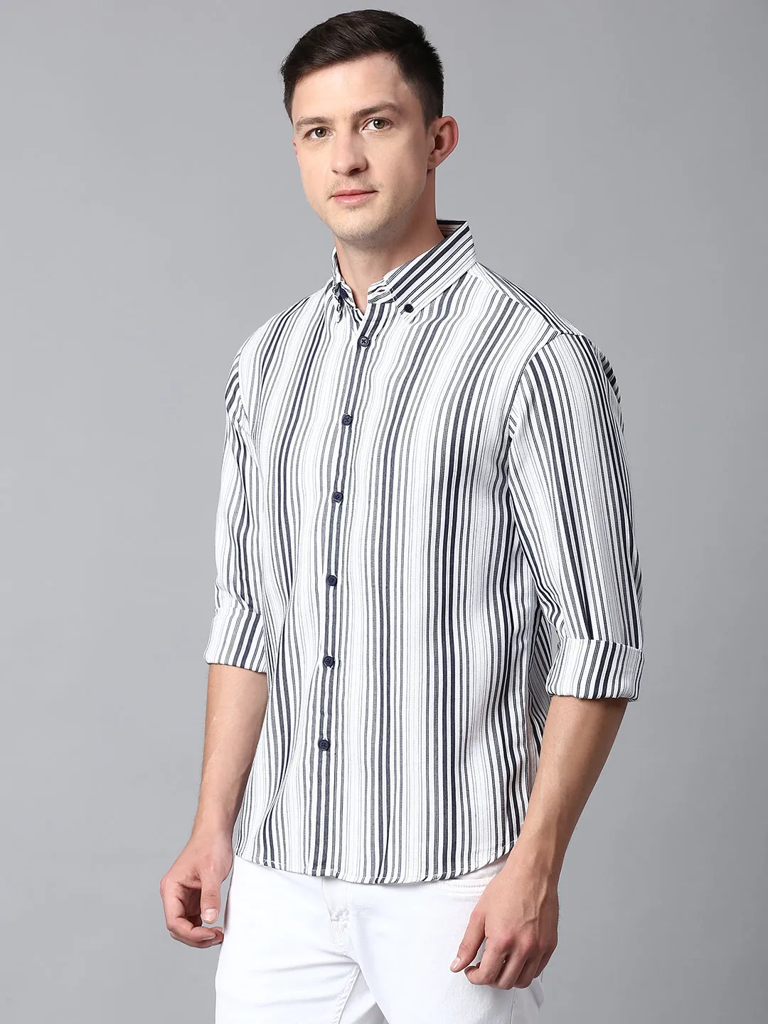 Men's Striped White Slim Fit Casual Shirt With Button Down