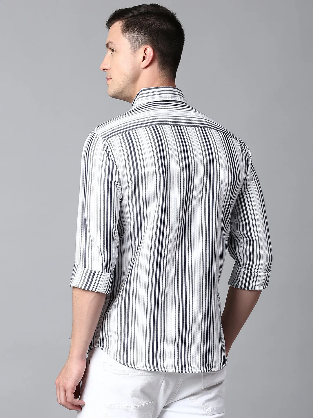 Men's Striped White Slim Fit Casual Shirt With Button Down