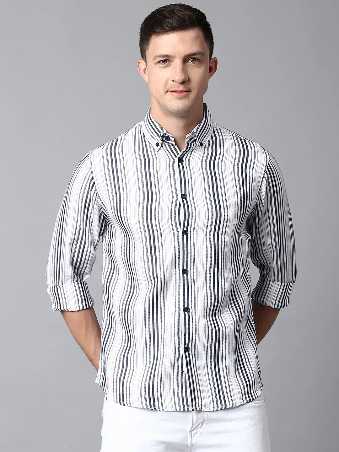 Men's Striped White Slim Fit Casual Shirt With Button Down
