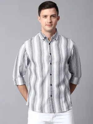 Men's Striped White Slim Fit Casual Shirt With Button Down