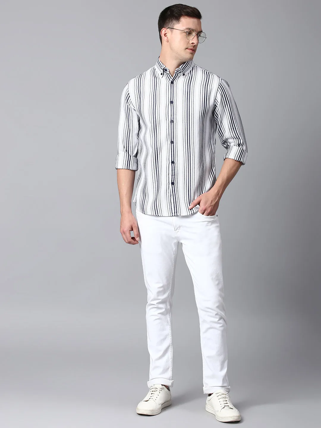 Men's Striped White Slim Fit Casual Shirt With Button Down
