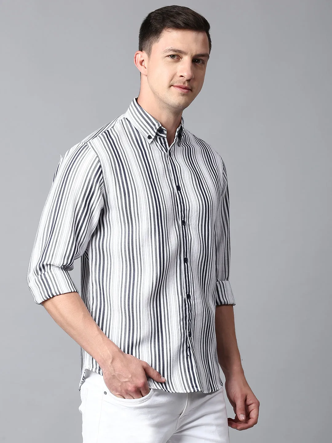 Men's Striped White Slim Fit Casual Shirt With Button Down