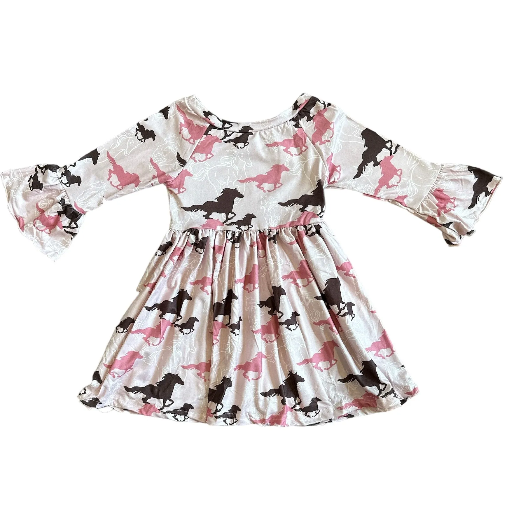 Pink Running Horse Bell Sleeve Dress Kids (6-7)