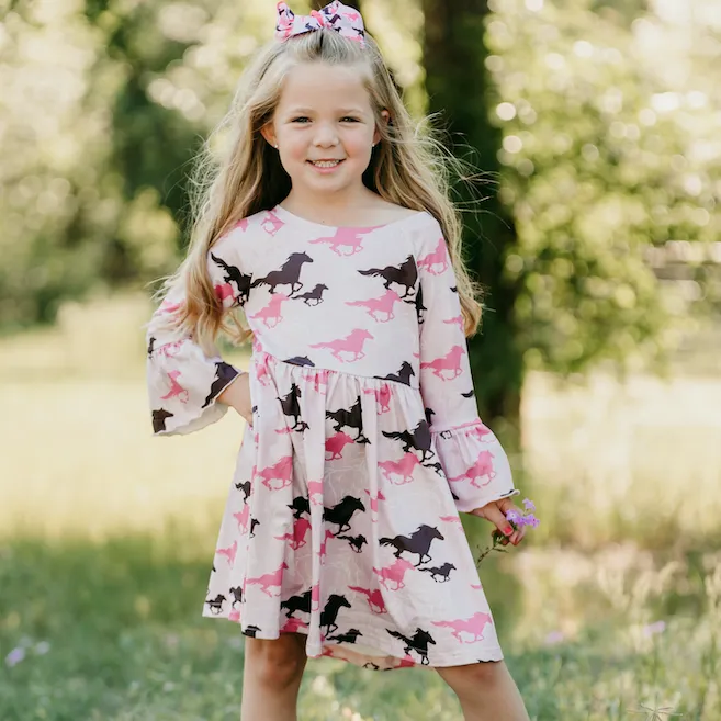 Pink Running Horse Bell Sleeve Dress Kids (6-7)