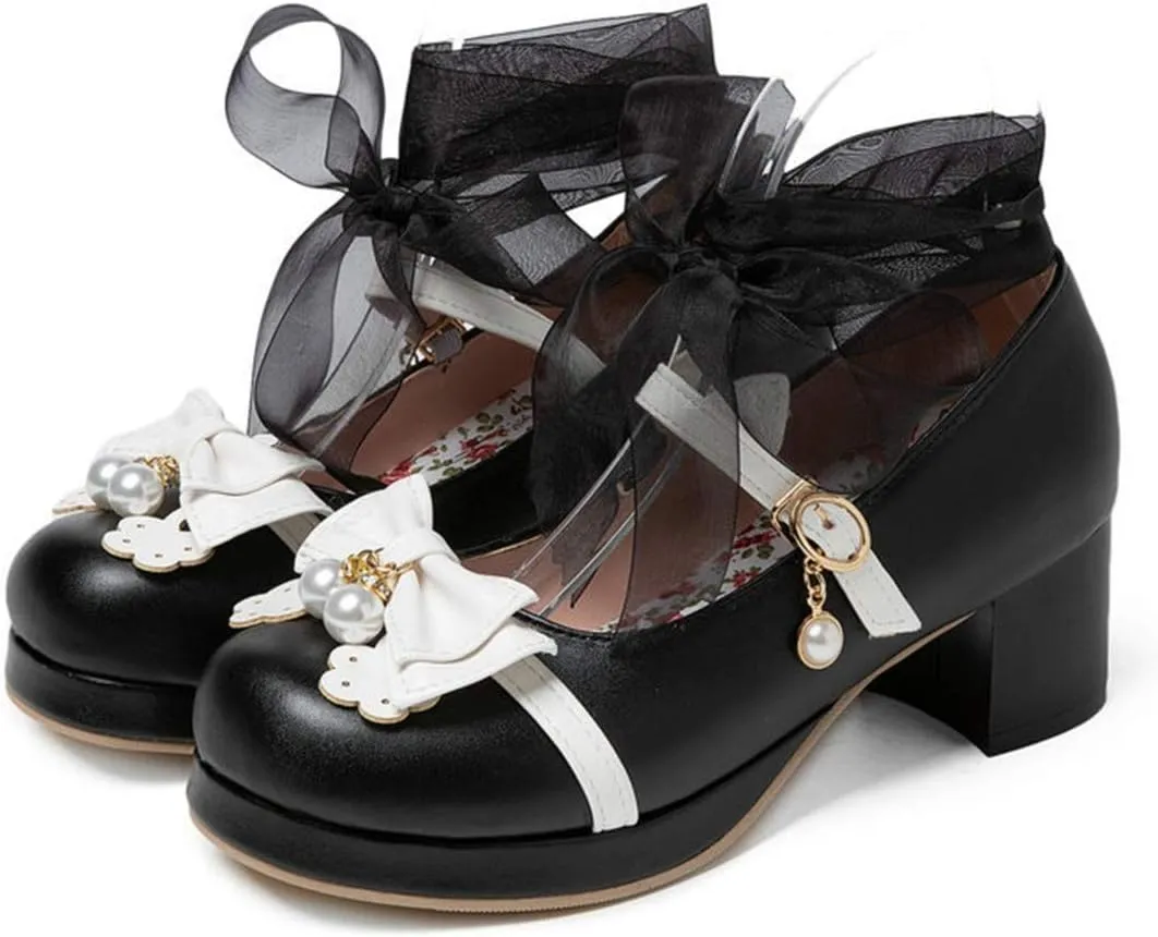 VOKLIN Women's Girls Lolita Mary Janes Pumps Sweet Bow Lace Ankle Strap Mid Heels Cosplay Oxford Dress Shoes