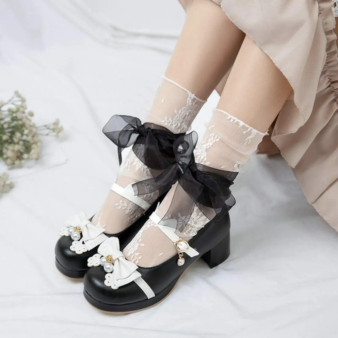 VOKLIN Women's Girls Lolita Mary Janes Pumps Sweet Bow Lace Ankle Strap Mid Heels Cosplay Oxford Dress Shoes
