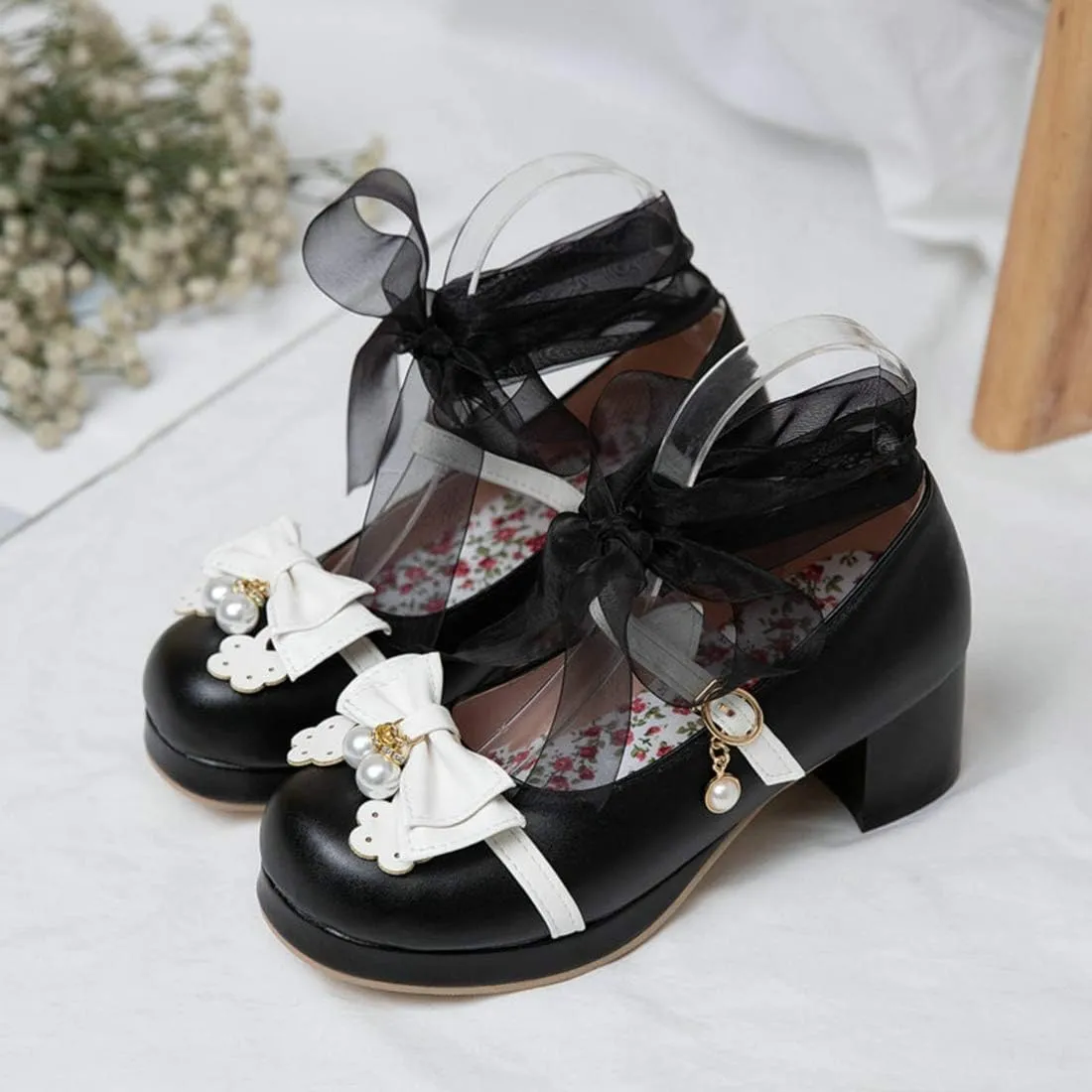 VOKLIN Women's Girls Lolita Mary Janes Pumps Sweet Bow Lace Ankle Strap Mid Heels Cosplay Oxford Dress Shoes