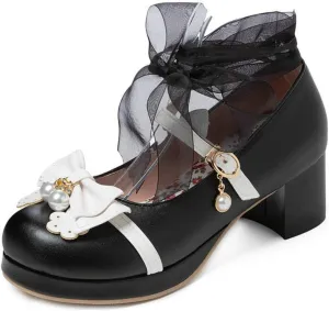 VOKLIN Women's Girls Lolita Mary Janes Pumps Sweet Bow Lace Ankle Strap Mid Heels Cosplay Oxford Dress Shoes