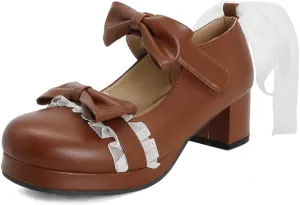 VOKLIN Women's Girls Sweet Bow Lolita Mary Jane Shoes Ankle Strap Platform Block Mid Heel Oxford Dress Pumps