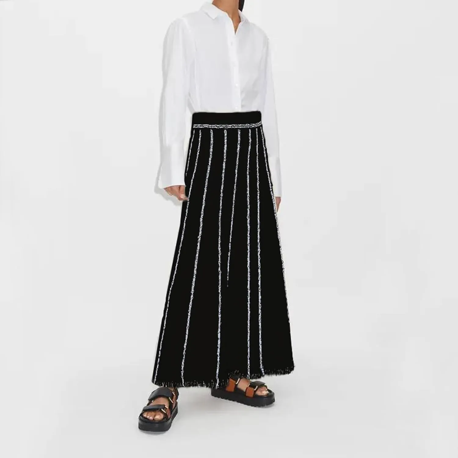 Women Knit Long Skirt Grunge Striped Elastic Waist Knit Skirt Vintage Loose Fit Tassel Y2K Pencil Skirt Dress Streetwear