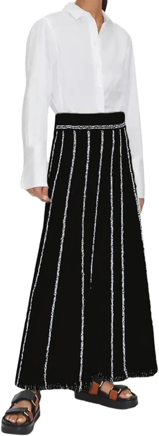 Women Knit Long Skirt Grunge Striped Elastic Waist Knit Skirt Vintage Loose Fit Tassel Y2K Pencil Skirt Dress Streetwear
