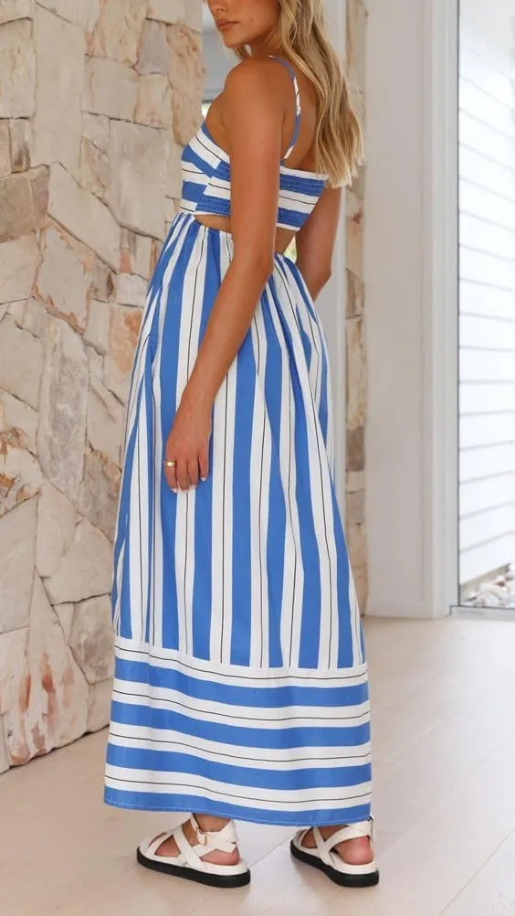 Women Y2k Striped Maxi Dress Flowy Cut Out Backless Corset Spaghetti Strap Boho Long Midi Dress Milkmaid Sundress
