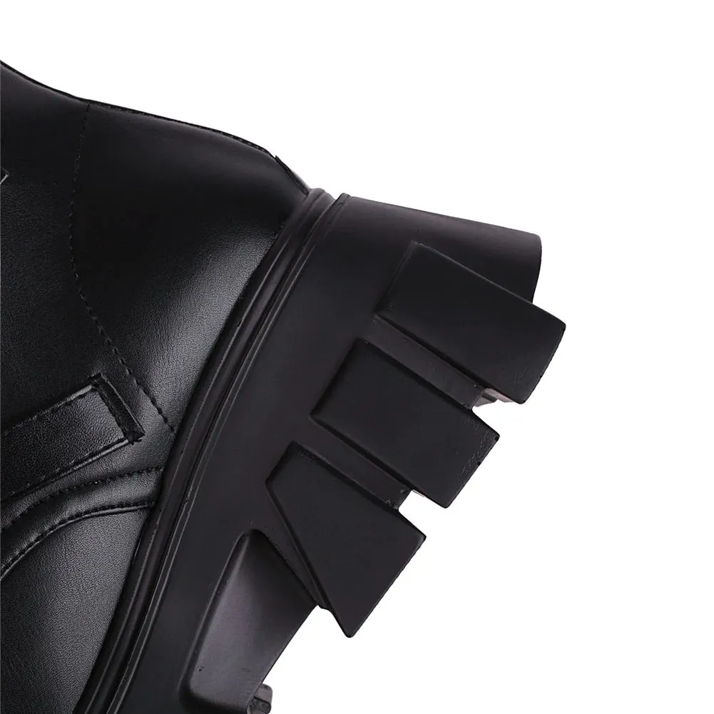 Women's Black Platform Thigh Warm Boots with Bat Buckles / Fashion Mid Calf Patent Leather Boots