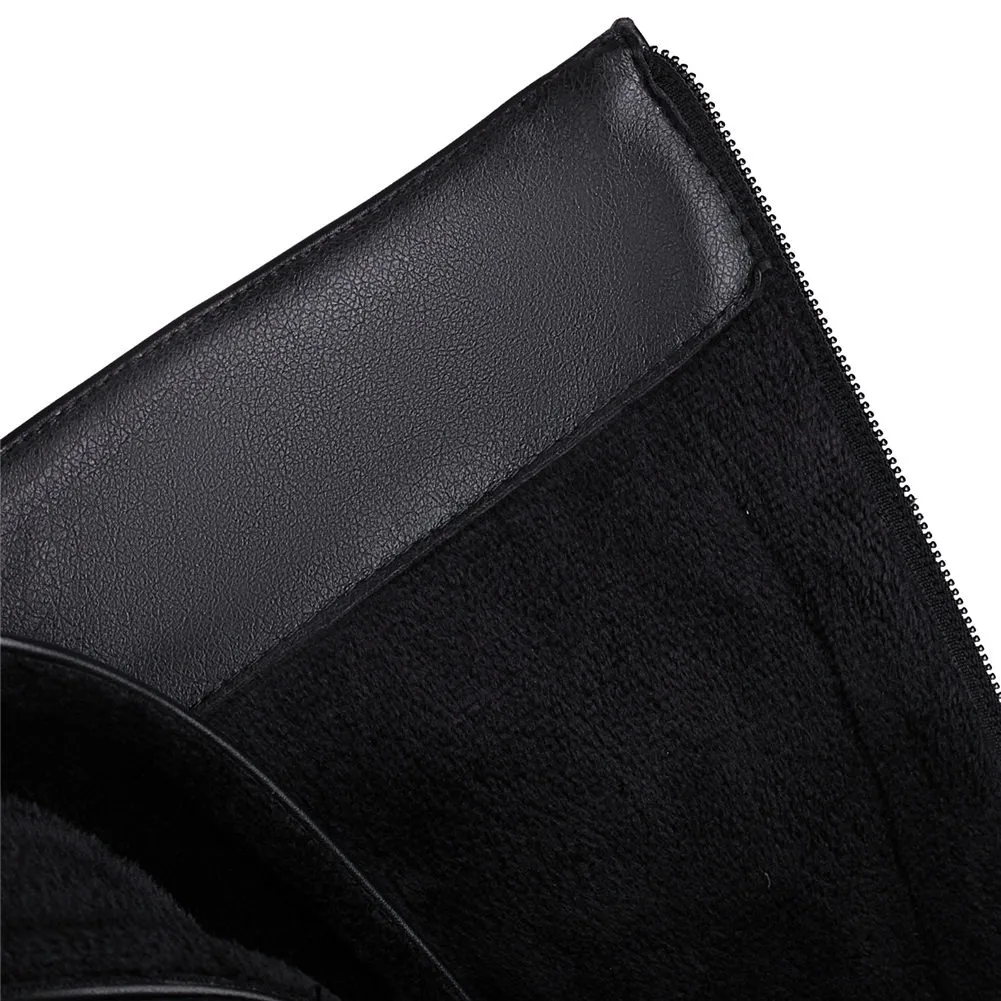Women's Black Platform Thigh Warm Boots with Bat Buckles / Fashion Mid Calf Patent Leather Boots