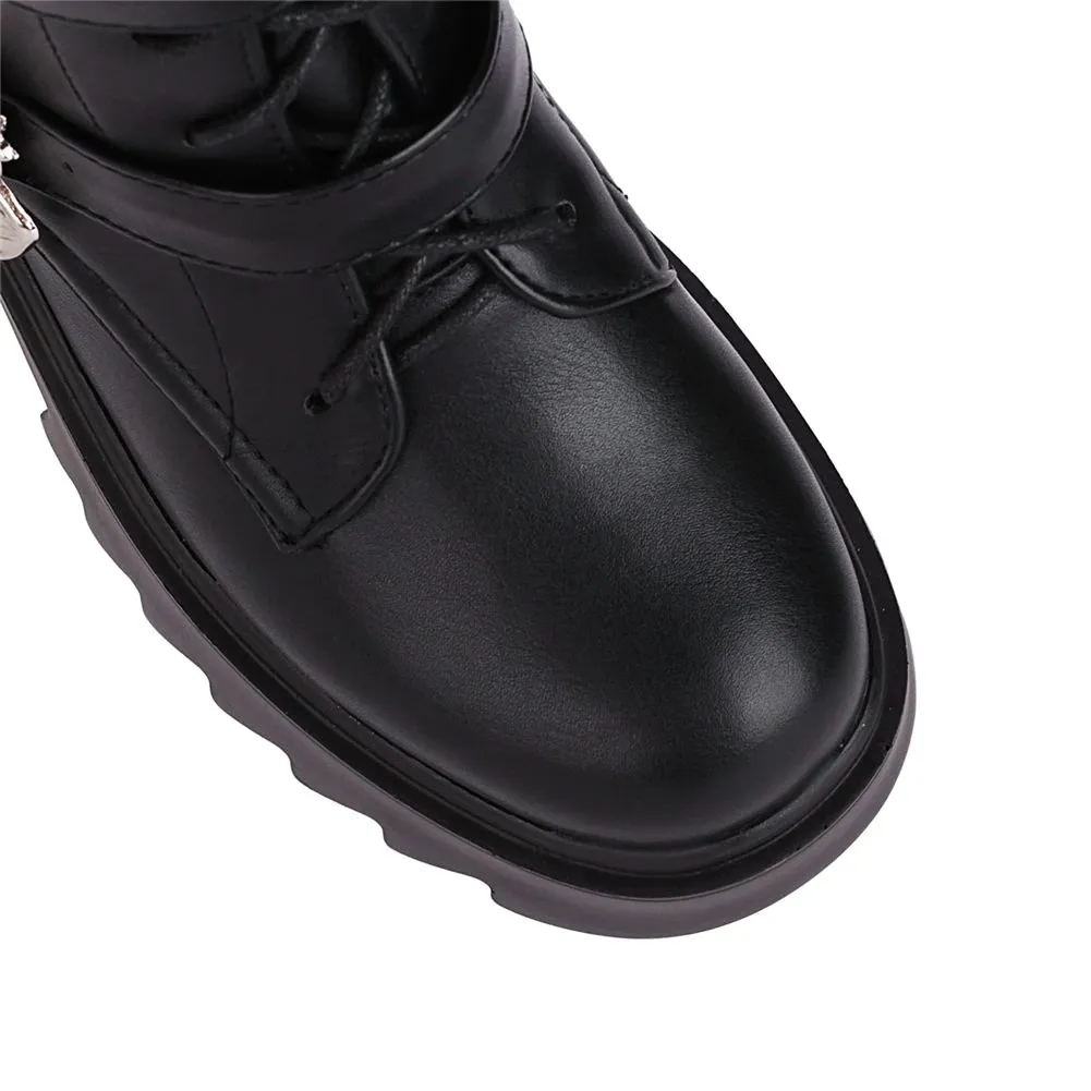 Women's Black Platform Thigh Warm Boots with Bat Buckles / Fashion Mid Calf Patent Leather Boots