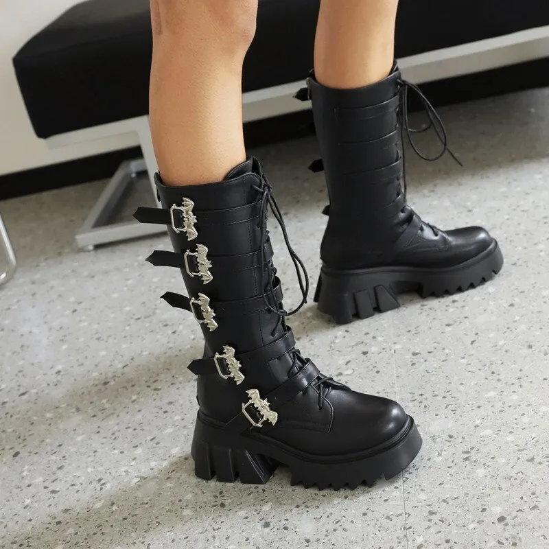 Women's Black Platform Thigh Warm Boots with Bat Buckles / Fashion Mid Calf Patent Leather Boots