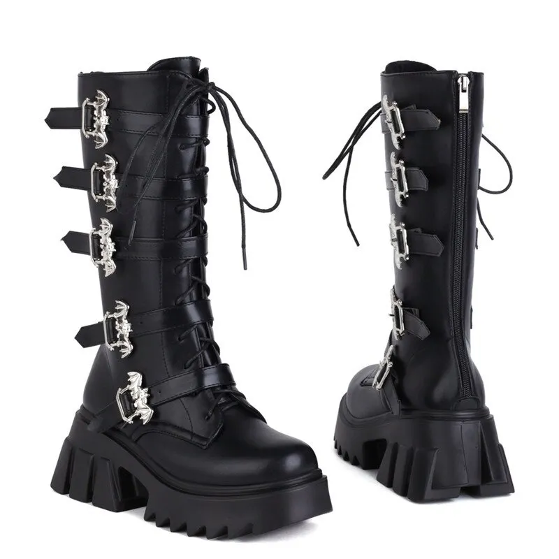 Women's Black Platform Thigh Warm Boots with Bat Buckles / Fashion Mid Calf Patent Leather Boots