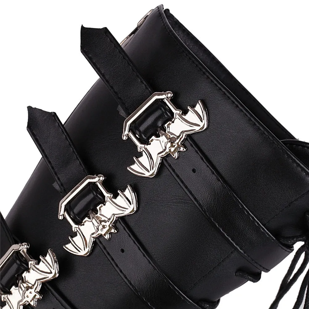 Women's Black Platform Thigh Warm Boots with Bat Buckles / Fashion Mid Calf Patent Leather Boots