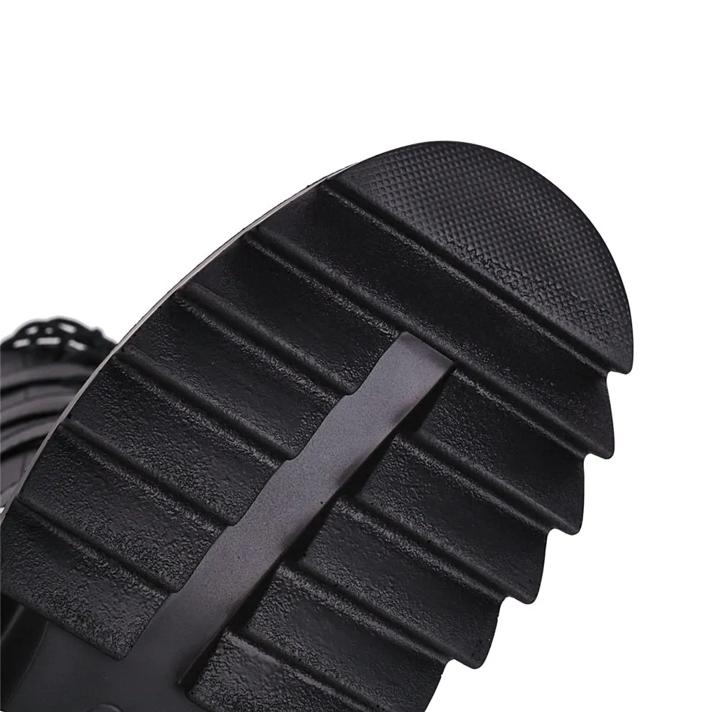 Women's Black Platform Thigh Warm Boots with Bat Buckles / Fashion Mid Calf Patent Leather Boots