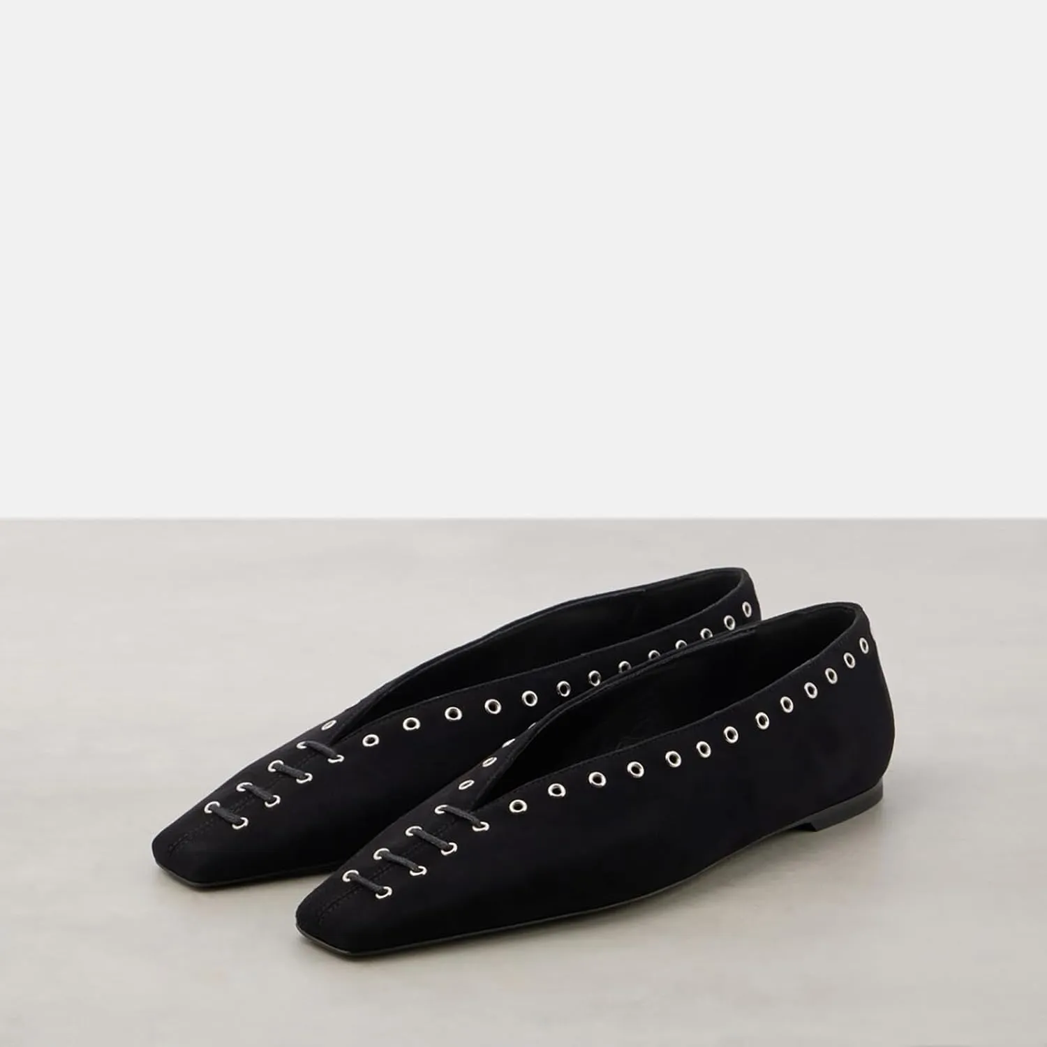 Women's Suede Ballet Flats Square Closed Toe Lace Up Loafers with Metal Buckle Decoration Casual Comfort Flat Shoes